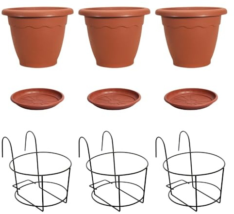 RagStore Set di 3 Vasi da Balcone tondi con Supporti in Ferro, 25 cm, Plastica color Terracotta, Include Sottovasi