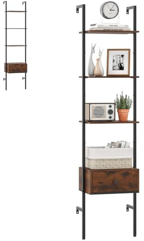 HOMASIS Scaffale a Scala con 4 Ripiani e Cassetto, Libreria da Parete con Telaio in Metallo, Libreria Aperta da Ufficio con Dispositivo Anti-Ribaltamento per Soggiorno, 43 x 29,5 x 177,5 cm, Marrone