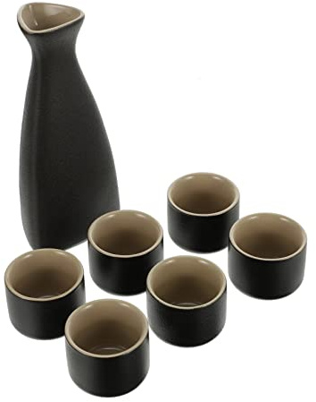VALICLUD Set 7 Pezzi Bicchieri in Ceramica per Servire Sakè, Tazze da Portata Giapponesi Multifunzionali, Brocca Triangolare Opaca Nera, per Ristoranti, Bar e Uso Domestico