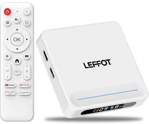 LEFFOT Android TV Box 2025, 4 GB RAM / 128 GB ROM, 4 K Ultra HD TV-Box Android 14, Smart TVBox con controllo vocale, 2,4 G e 5 G WiFi6, BT 5.4, 100 M Ethernet, HDR10, Allwinner H618 Quad-Core A53