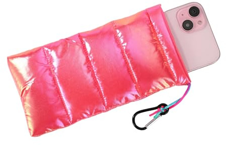Lyreh Thermal Phone Case, 7.48x4.13in Down Cotton Thermal Cellphone Pouch with Drawstring and Carabiner Clip Outdoor Phone Accessory for Overheating Freezing Protection(Iridescent Red)