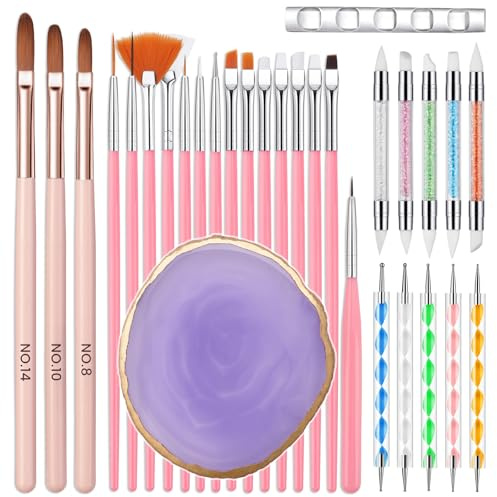 Nagelpenselset för gelnaglar, 31 stycken nageldesign verktygsset | Akryl UV gel nageltillbehör med display stativ palett silikonpensel prickpenna och låda, manikyrverktyg för gör-det-själv