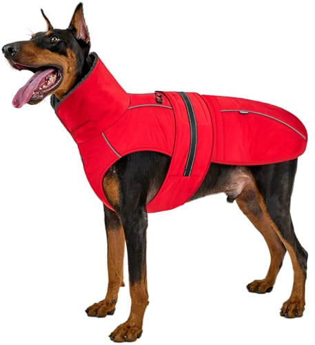 OneTigris Hundemantel, STORMWALL Wasserdicht Hundejacke mit Verstellbarer Rückenlänge Fleecefutter Reflektierend und Fellkragen für Wanderungen Outdoor für Mittelere & Große Hunde Rot XL