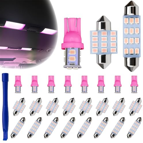 AMZAUTO 24 PCS Car Interior LED Lights Kit 194 T10 DE3175 578 31mm 41mm LED Bulbs Interior Replacement Bulbs for Car Map License Plate Door Side Marker Dome Light (Pink & Purple)