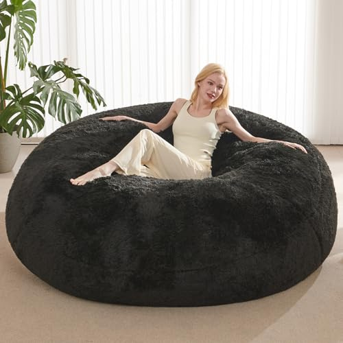 ODreamyDogs Bean Bag Cover (No Filler), Faux Fur Beanbag Chairs Covers Only, Stuffed Animal Storage Bean Bag, Giant Washable Beanbag Cover Without Filling, 7FT, Black