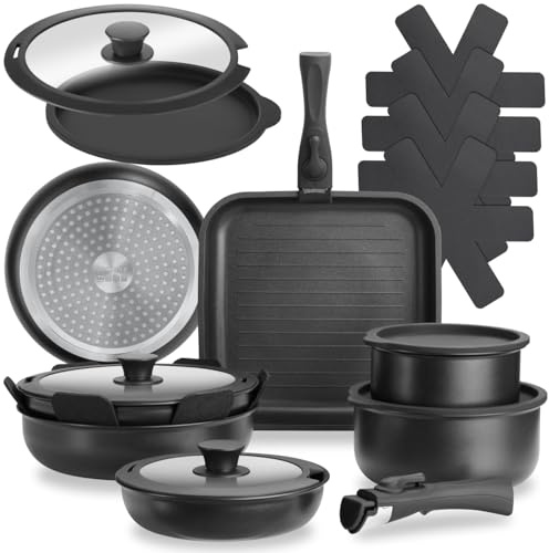 tectake® Juego de Cocina 17 Piezas, Sartenes Antiadherentes, Ollas Cocina Aptas para Inducción, Juego Sartenes con Asas Desmontables, Olla, Cacerola, Sarten - Negro