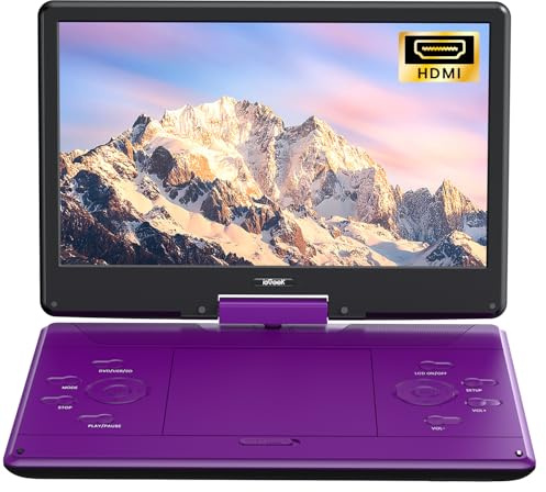 ieGeek 15.9 Portable DVD Player with 14.1 Swivel Screen, HDMI Input, 6-Hour Rechargeable Battery, Region Free, USB/SD Playback, Ideal Gift for Seniors, Kids and Travel, Purple