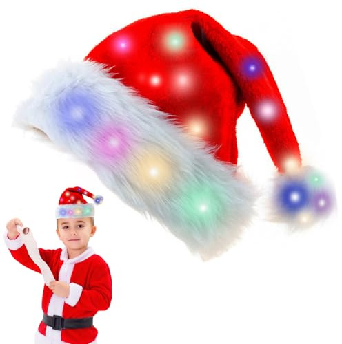 Mineup LED Weihnachtsmütze, Nikolausmütze Mit Leuchtendem, Weihnachtsmann Mütze, Farbe LED Lichter Weihnachtsmütze, Plüsch Weihnachten Partyhut Für Neujahr Festliche Weihnachtsfeier