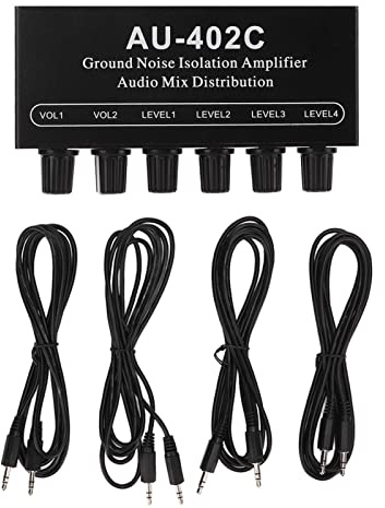 plplaaoo Splitter audio stereo a doppio canale Mixer 4 in 2 uscite Amplificatore di isolamento del rumore di fondo con cavo Mixer audio professionale per DJ Musicisti e ingegneri del suono
