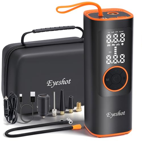 Eyeshot Tire Inflator Portable Air Compressor, Fast Inflation & High Battery Capacity, 150PSI Cordless Air Pump for Car Tires, SUV, Motorcycle, Bike, Ball with Digital Pressure Gauge & LED Light