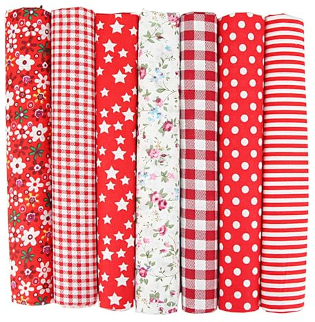 NEUJUS 7er Set Baumwollstoff 50x50cm Rot DIY Patchwork Stoffe Paket | 100% natural cotton fabric set with breathable soft texture ideal for quilting and creative DIY sewing projects