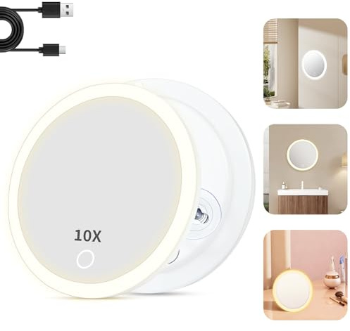 Alaoo Miroir grossissant 10X avec Des Lumières, Rond Mural avec 3 Ventouses, Petit Miroir grossissant avec Ventouse, Miroirs Cosmétique de Poche Portable, Mirrors de Voyage pour épiler Les Sourcils