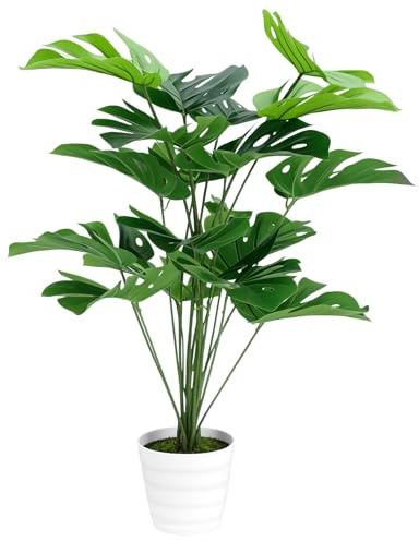 QWORK® Large Artificial Monstera Deliciosa Plant with White Decorative Pot for Home, Office & Living Room Decor – Faux Tropical Palm Indoor Greenery,65CM