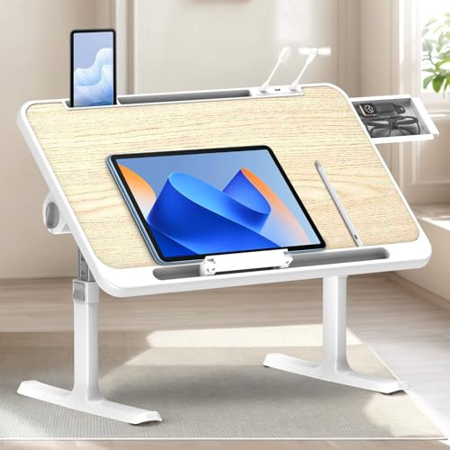 WoRaum Klappbarer Laptoptisch mit Schublade, LED & Ventilator – Höhenverstellbarer Schreibtisch für Bett, Sofa, Boden und Outdoor (Warmweiß)