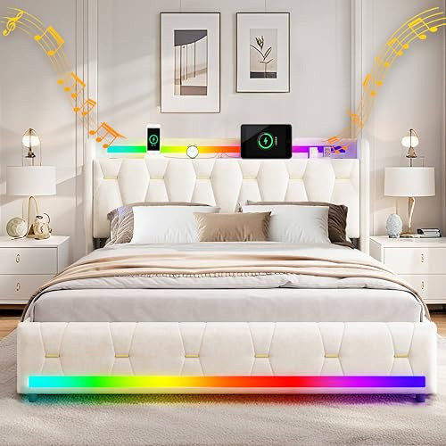 XMFFPM Sammetsklädd Säng 160x200cm med Förvaringsutrymme, Bluetooth-högtalare, LED-belysning & USB/Type-C-portar, Plattformssäng med 4 Lådor och Träribbstomme, Beige