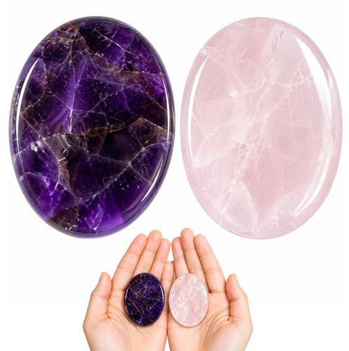 LEIIERUY 2-teiliges Kristalle Set – Chakra Edelsteine mit Daumentasche, Handgeschnitzter Amethyst Palmstein, Natürliche Heilsteine zur Unterstützung bei Stressabbau & innerer Balance