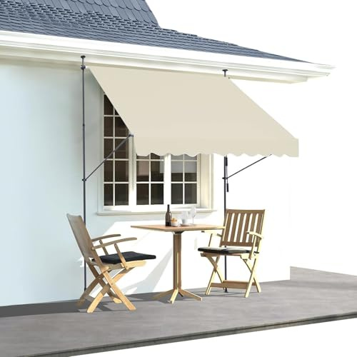 Infällbar manuell markis, solskydd för trädgårdsuteplats, fristående fönstermarkis, vattentät, solskydd, ingen borrning, justerbar, för balkong, bakgård (benvit, 300 x 120 cm)