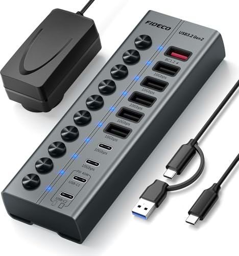 FIDECO 10-Port 72W Powered USB Hub, USB C Hub with 1 BC1.2, 2 PD 45W Charging Ports, and 7 USB 3.2 Ports (5 USB A + 2 USB C), Aluminum 10Gbps USB Hub for Laptop, PC, MacBook, iPhone 17/16/15, Grey