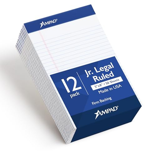 Ampad 5 x 8 Legal Pads, 12 Pack, Narrow Ruled, White Paper, 50 Sheets Per Writing Pad, American Pad & Paper, Made in USA (20-364)