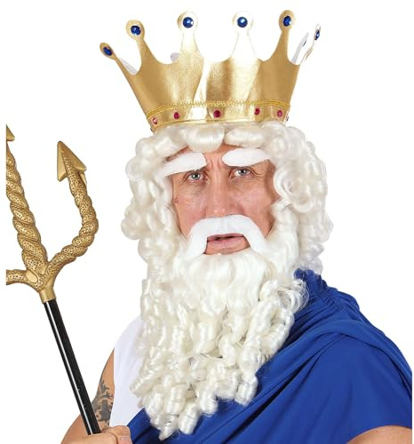 W WIDMANN MILANO Party Fashion - Zeus Perücke | Weiße Lockenperücke mit Bart, Schnurrbart und Augenbrauen für Zeus- und Poseidon-Looks zu Karneval und Mottoparty