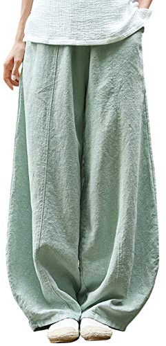 IXIMO Women's Casual Linen Pants Wide Leg Elastic Waist Green L