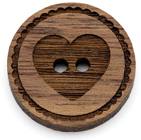 NaturSchatulle Holzknöpfe Gravur Motiv Herz 12-30mm I 25 Stück Nussbaum 2 Loch Knöpfe Holz DIY Basteln Nähen Schmuckherstellung Annähen Rund 15mm