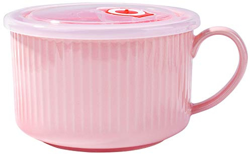LMRLCS Mikrowellengeeignete Suppenschüssel mit Griff und Deckel, Keramik, Müslischalen, Suppentassen, Suppenbehälter für Hafer, Instantnudeln und Snacks, moderner einfacher Stil, Rosa