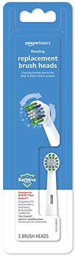 Amazon Basics Braun Electric Toothbrush Replacement Brush Heads, Floss-Like Bristles for Plaque Removal, Fits Oral-B, 3 Count, White