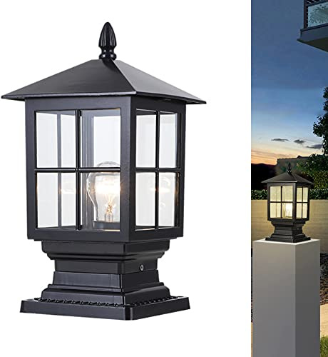 ChaoZan European Rural Square Aluminum Landscape Waterproof Outdoor Pillar Light Column Lamp Retro Post Cap Light with Clear Glass Stigma Lamps E27 Garden Post Pedestal Lamp Patio Porch, Black