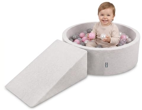 KiddyMoon Skumlekplats för barn med runt bollhav (200 bollar). Hinderbana, ljusgrå: pärla/grå/genomskinlig/puderrosa
