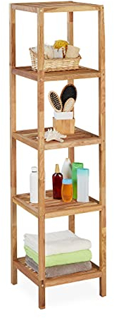 Relaxdays Badregal Walnuss, HBT 145 x 36 x 36 cm, 5 Ablagen, quadratisch, Standregal Küche, Badezimmer Regal Holz, Natur