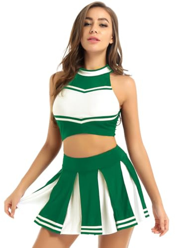 renvena Damen Cheer leader Kostüm Cheerleading Cosplay Uniform Ärmellos Bauchfrei Oberteil mit Minirock Faltenrock Karneval Fasching Party Tanz Kostüme