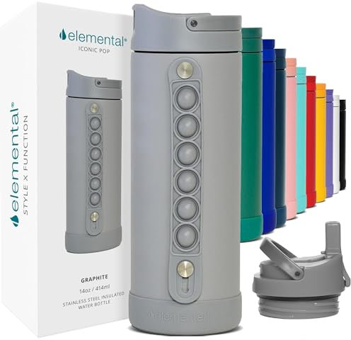 Elemental Iconic 414ml Triple-Wall Insulated Water Bottle with Straw – Sports-Lid & Pop Fidget Handle – Leakproof Stainless Steel Sports Water Bottle for Hot & Cold Drinks – Graphite