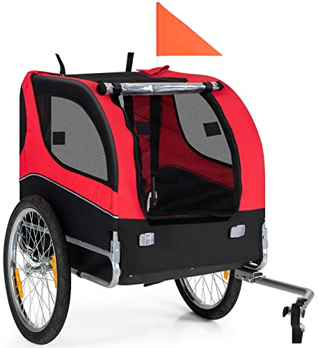 Tangkula Dog Bike Trailer, Breathable Mesh Dog Cart with 3 Entrances, Safety Flag, 8 Reflectors, Folding Pet Carrier Wagon with 20 Inch Wheels, Bicycle Carrier for Medium and Small Sized Dogs (Red)