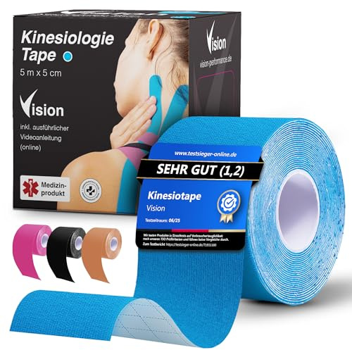 Vision Kinesiologie Tape Blau – 1 Rolle 5 cm x 5 m – Kinesio Tape mit extra starkem Halt – Super hautverträgliche Kinesio Tapes – Tape Kinesio – Atmungsaktives und wasserfestes Physio Tape