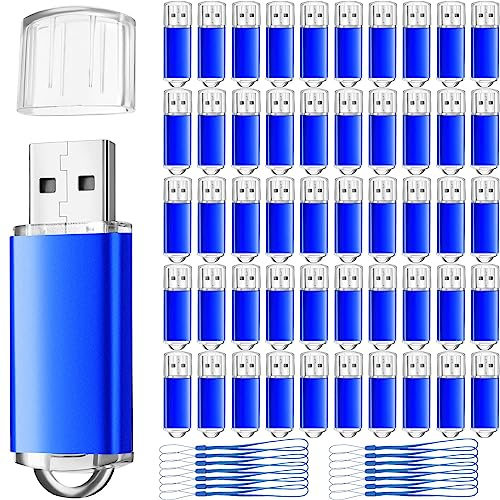 Hoteam 50 Pack USB 2.0 Flash Drives Bulk Blue Portable Thumb Drive with Hat USB Sticks Bulk with 50 Pcs Lanyards for Data Storage File Sharing Commercial Gift(2GB)