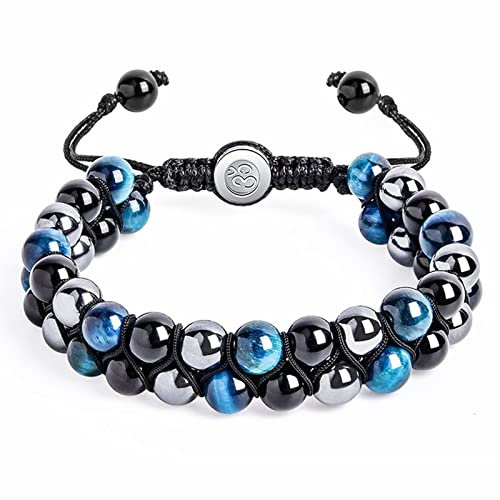 Stfery Chakra Armband Damen Schwarz, Freundschaftsarmbänder Tigerauge Obsidian 8mm 2-Lagige Obsidianperle 30cm Kristall Herren Schmuck