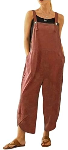 BRONG Damen Overall, lässige lose Latzhose, weiche Baumwollleinen Damen Trainingsanzug, loser Playsuit mit verstellbaren Trägern und Taschen, rot red, S