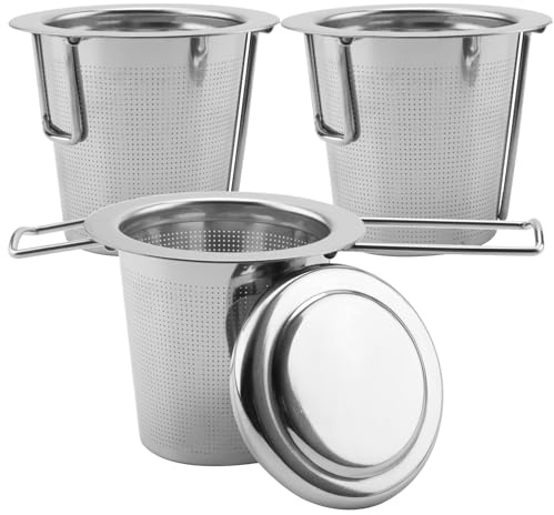 DAKFOOK 3 Pack Tea Infuser, 304 Stainless Steel Tea Strainer with Lid and Foldable Handle, Fine Mesh Tea Leaf Diffuser for Teapot, Mugs, Cups to Steep Loose Leaf Tea or Coffee