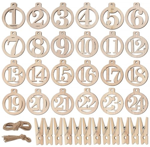 GEBETTER 1-24 Adventskalender Zahlen + 24 Stück Holzklammern Hölzern Anhänger Holz Countdown Nummern zum Basteln Holzanhänger Geschenkanhänger Dekoanhänger Weihnachten Verzieren Weihnachtsanhänger