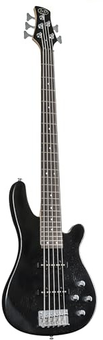 J&D 5-String E-Bass, 150J/5, Satin Black, Esche-Korpus, Ahorn-Hals, Palisander-Griffbrett, 24 Bünde, 2-Band Equalizer, Single Coil Tonabnehmer, 5-Saddle Standard Bassbrücke