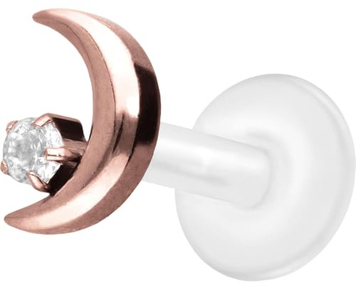PIERCINGLINE PTFE Labret mit Gewinde + Titan-Aufsatz MOND + KRISTALL Piercing Lippe Nase Ohr Helix Tragus Medusa 1,2x5 mm Roségoldfarben