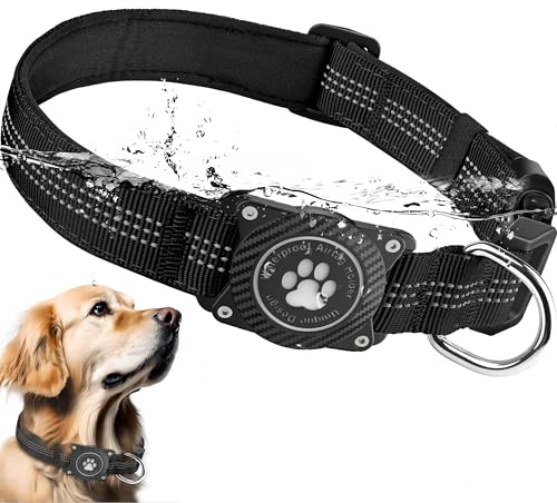 Ytanest Leuchtend Airtag Hundehalsband, Verstellbar Wasserdicht Apple Air Tag Halter Halsband Reflektierend für Kleine Mittler Große Hund, Schwarz, M