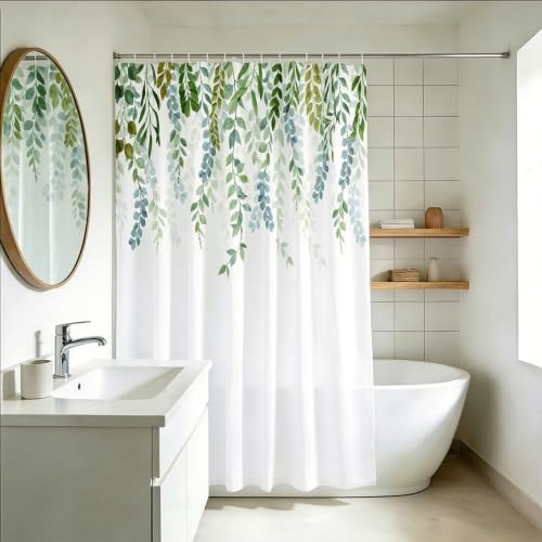 YISURE Duschvorhang badewanne Grün Eukalyptus Blätter 220 Höhe waschbar | Wasserabweisender Badvorhang aus Polyester Pflanze Natur Stoff Textil für Badzimmer, Breite 200 x Höhe 220cm