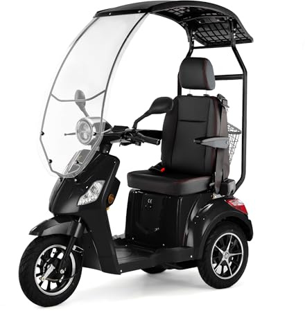 VELECO DRACO mit Kapitänssitz - 3-Rad Elektromobil - hohe Rückenlehne - herausnehmbare Lithium-Ionen Akku - Dach mit Windschutzscheibe - montiert und fahrbereit - elektromagnetische Bremse (Schwarz)