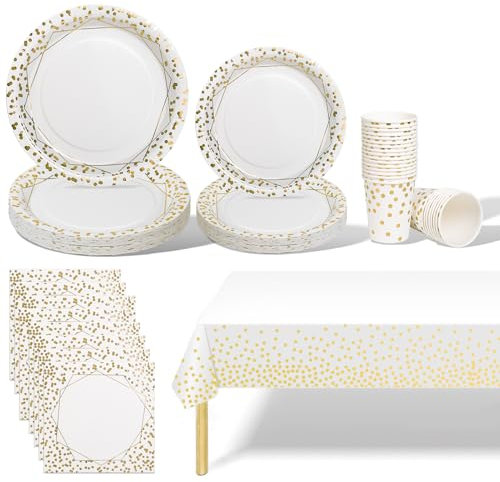141PCS White Gold Party Tableware Decorations for Kids Birthday,Disposable Party Tableware Set Tablecloth Table Covers,Paper Plates,Paper Napkins,Cups for Birthday Wedding Party