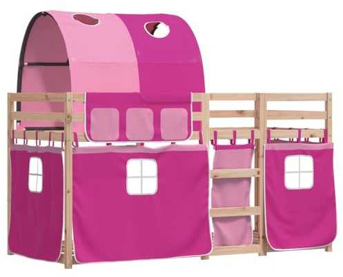 vidaXL Etagenbett, Kinderbett mit Vorhängen Leiter, Hochbett Spielbett für Kinder ab 6 Jahren, Doppel Stockbett Bett, Rosa 90x190cm Massivholz Kiefer