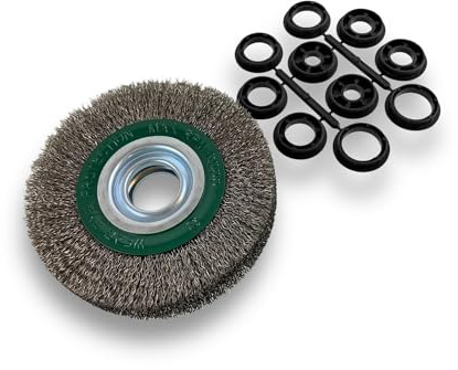 Kibros Brosse circ. touret INOX fil dur Ø 150 mm 3 rangs | Fil dur 0.30 mm ondulé, alésage 32 mm + réducteur bague 25-12 mm, meuleuse affûteuse ponceuse, décapage ébavurage brossage.