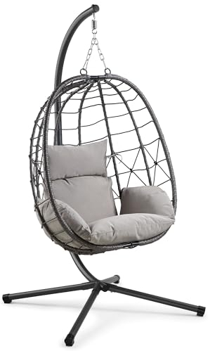 VonHaus Hanging Egg Chair - Grey Rattan Garden Swing with Stand - 1 Seater with Padded Cushions and Folding Frame - Foldable Swing for Patio, Balcony - Outdoor & Indoor