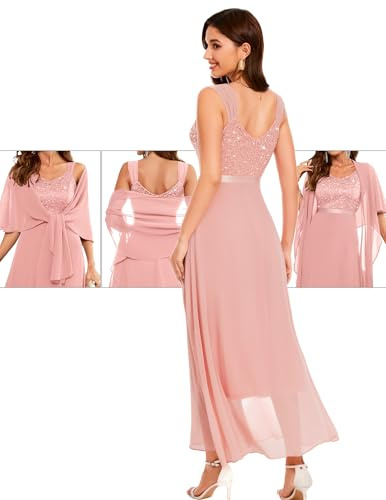 Berylove Damaftonklänning, lång med stola paljettklänning, cocktailklänning, elegant för bröllop, festlig klänning, Blush, M